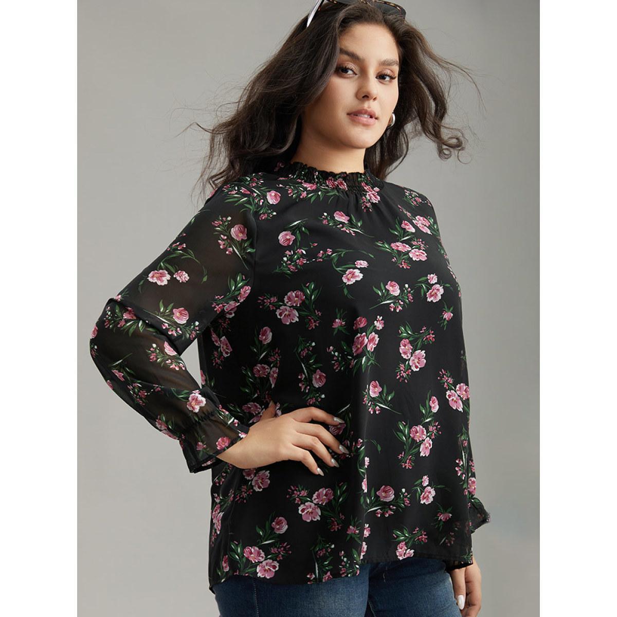 Plus Size Black Chiffon Floral Frill Trim Mesh Patchwork Blouse Women Elegant Long Sleeve Round Neck Dailywear Blouses BloomChic 12/L Product Image
