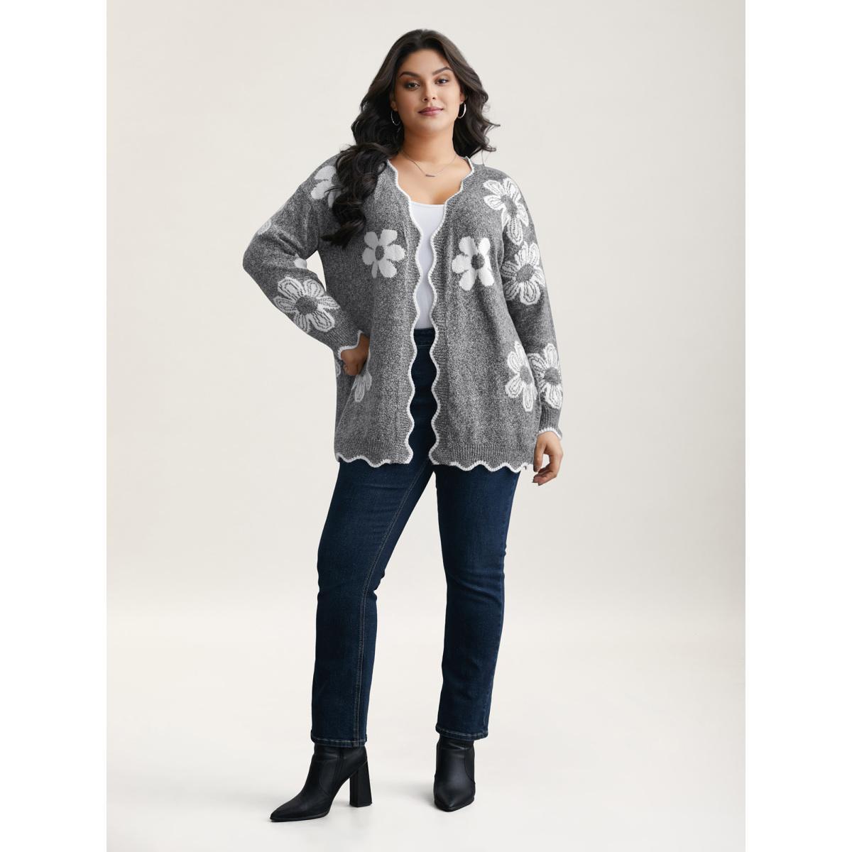Plus Size Floral Pattern Open-Front Knitted Cardigan DarkGray Women Casual Loose Long Sleeve Everyday Cardigans BloomChic 22-24/3X Product Image