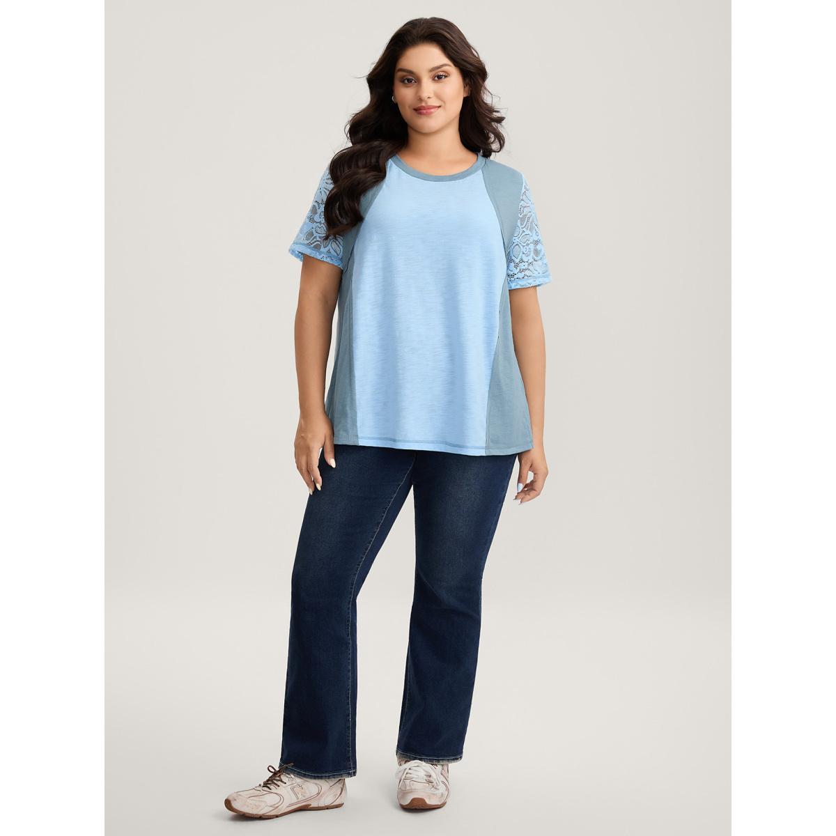Plus Size Color Block Lace Panel Solid T-Shirt LightBlue Women See through Round Neck Everyday-Casual T-shirts BloomChic 30/6X Product Image