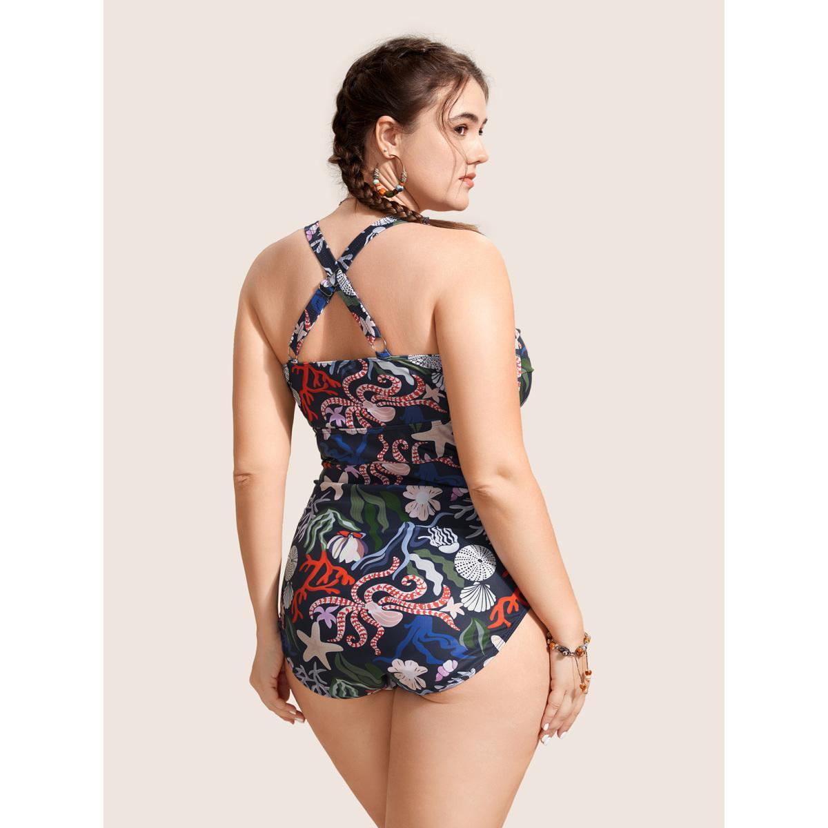 Plus Size Marine Elements Drawstring Gathered One Piece Swimsuit Women's Swimwear Multicolor Beach Gathered Curve Bathing Suits High stretch One Pieces BloomChic 10/M Product Image