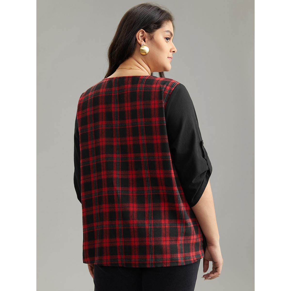 Plus Size Black Plaid Patchwork Wrap Tab Sleeve Blouse Women Casual Elbow-length sleeve V-neck Everyday Blouses BloomChic 10/M Product Image