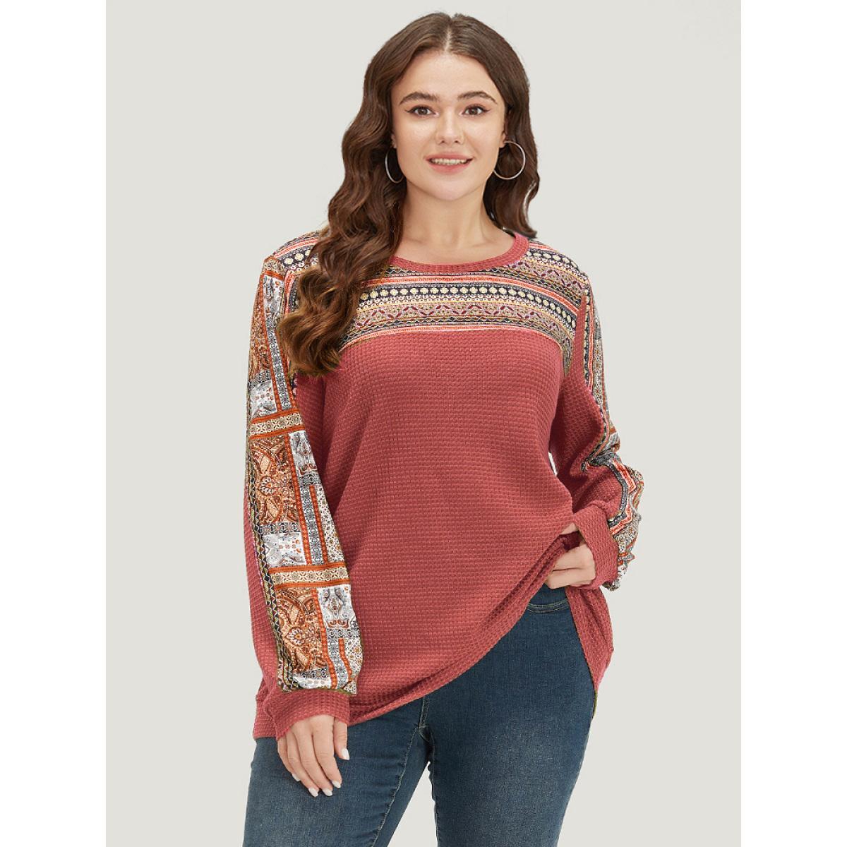 Plus Size Boho Print Patchwork Waffle Knit Crew Neck Sweatshirt Women Chocolate Casual Elastic cuffs Round Neck Dailywear Sweatshirts BloomChic 14-16/1X Product Image