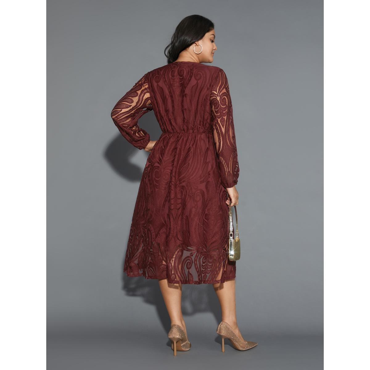 Plus Size Crochet Lace Mesh Lantern Sleeve Dress Burgundy Women Cocktail Overlapping Party Curvy Bloomchic 10/M Product Image