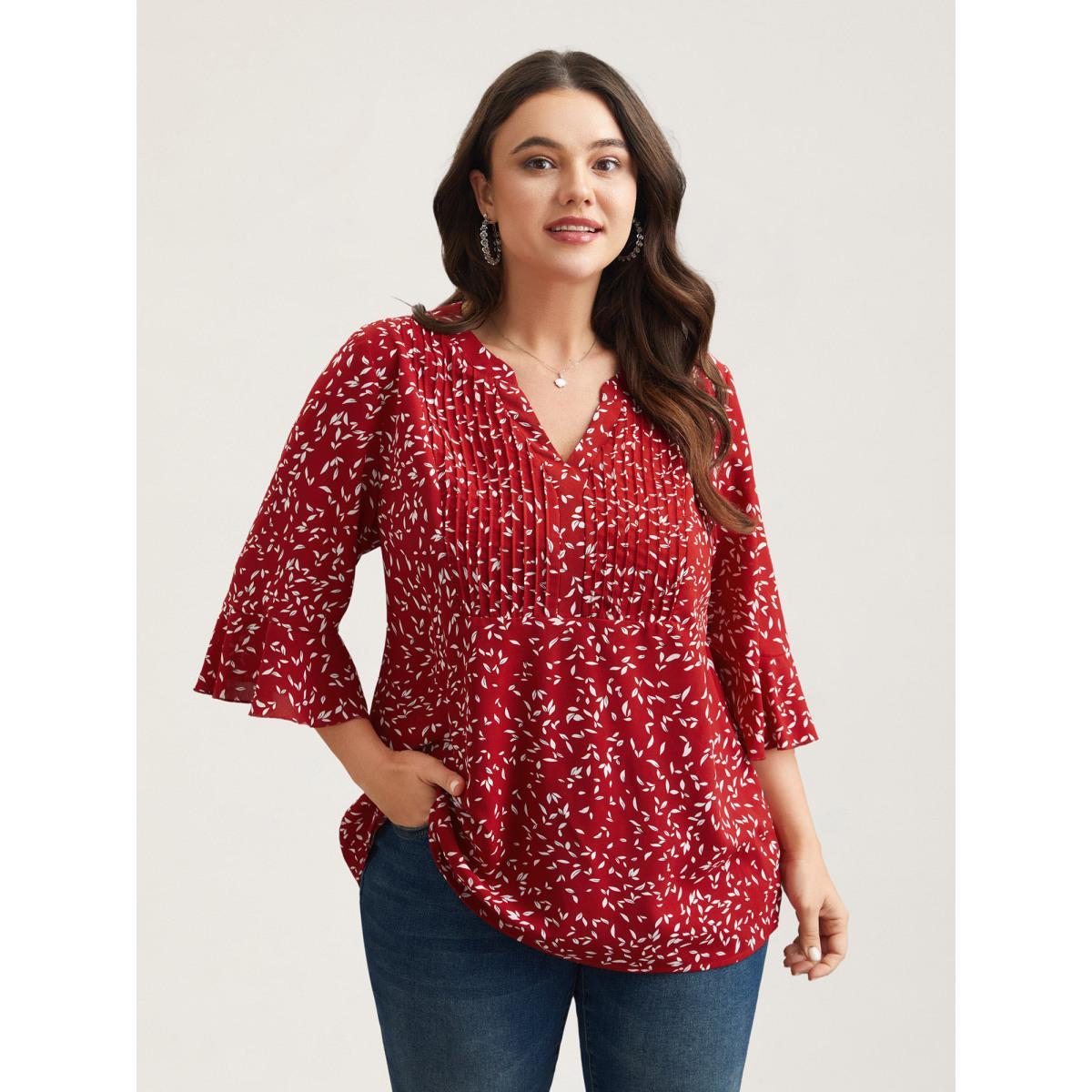 Plus Size Raspberry Toothpick Pleat Floral Notched Collar Shirt Women Elegant Elbow-length sleeve Notched collar Everyday Blouses BloomChic 18-20/2X Product Image