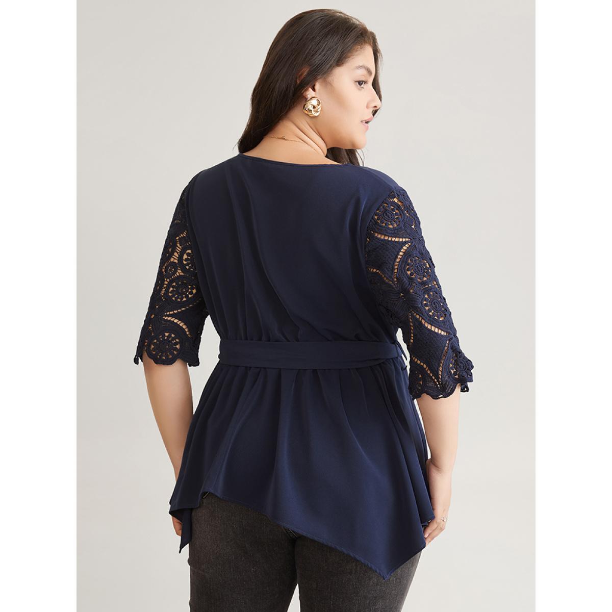 Plus Size Indigo Lace Patchwork Belted Hanky Hem Blouse Women Elegant Half Sleeve V-neck Work Blouses BloomChic 28/5X Product Image