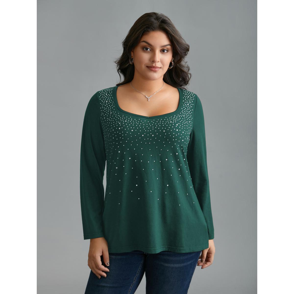 Plus Size Sequin Stretchy Long Sleeve T-shirt DarkGreen Women Elegant Rhinestone detailing Heart neckline Everyday T-shirts BloomChic 22-24/3X Product Image