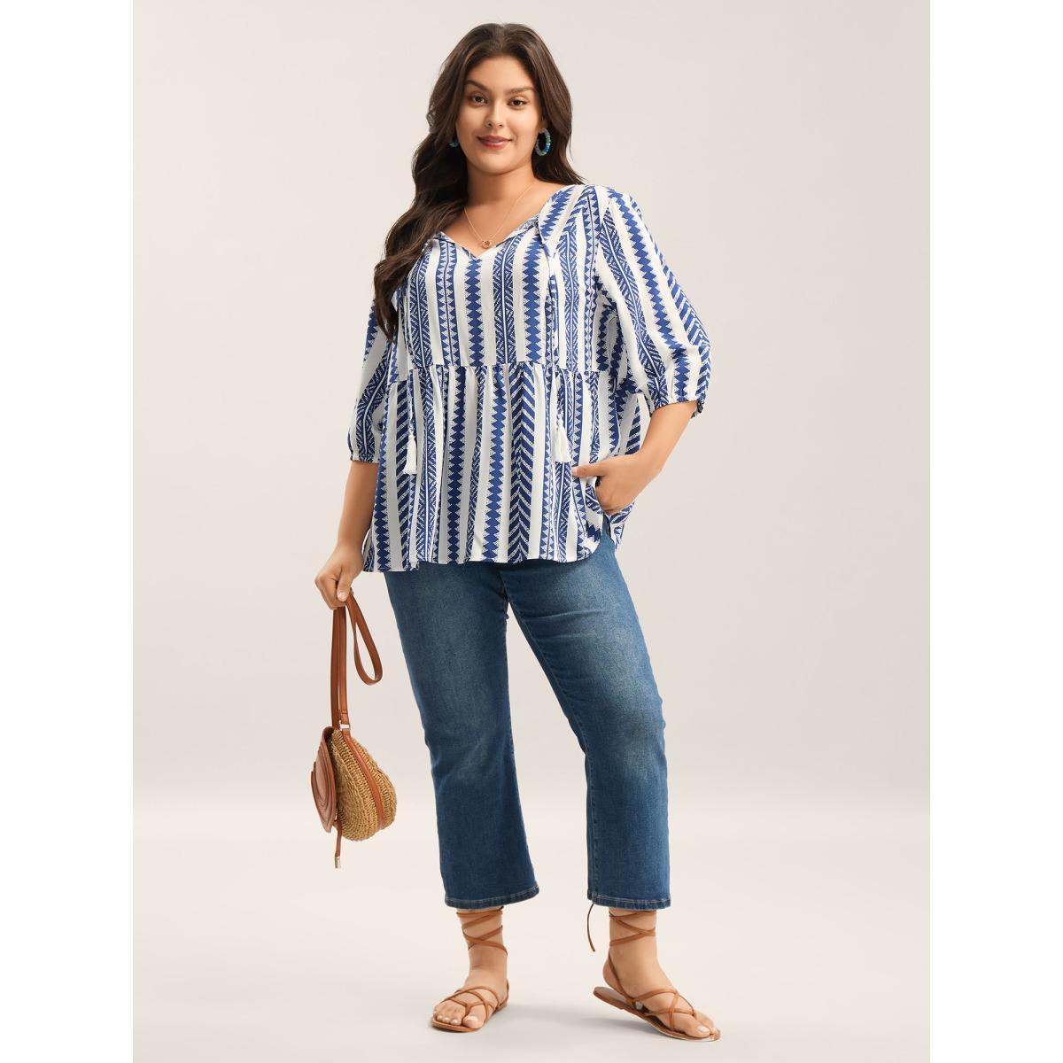Plus Size DarkBlue Nautical Stripes Rayon Tassels Blouse Women Elbow-length sleeve Notched collar Vacation Blouses BloomChic 14-16/1X Product Image