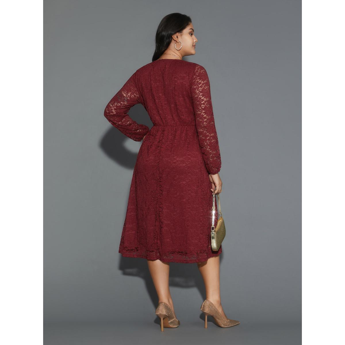 Plus Size Solid Lace Patchwork Lantern Sleeve Dress Burgundy Women Cocktail Woven ribbon&lace trim Party Curvy Bloomchic 18-20/2X Product Image