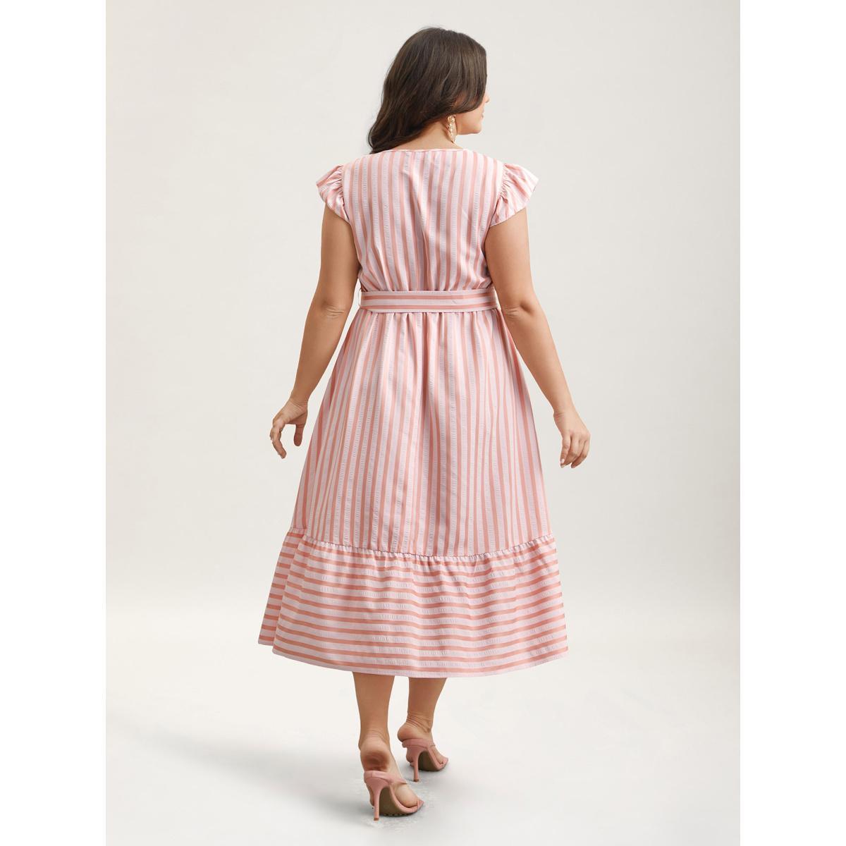 Plus Size Pastel Stripes Belted Pockets Midi Dress Multicolor Women Casual Belted Round Neck Cap Sleeve Curvy BloomChic 26/4X Product Image