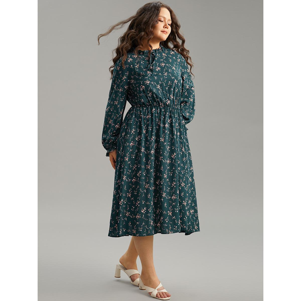 Plus Size Ditsy Floral Pocket Mock Neck Dress DarkGreen Women Elegant Cross straps Mock Neck Long Sleeve Curvy Midi Dress BloomChic 12/L Product Image