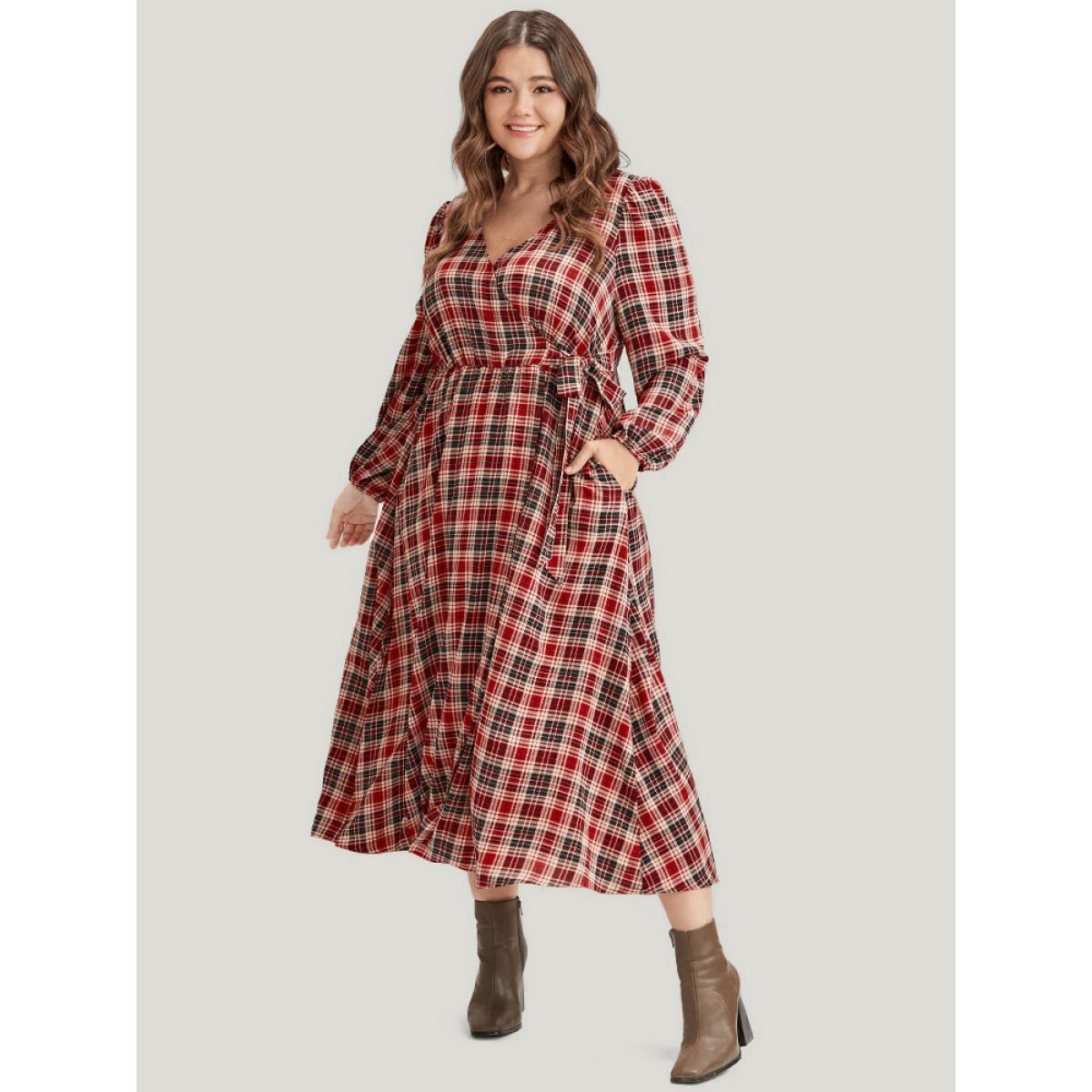 Plus Size Tartan Wrap Lantern Sleeve Pocket Knotted Split Dress Maroon Women Elegant Knotted V-neck Long Sleeve Curvy Midi Dress BloomChic 28/5X Product Image