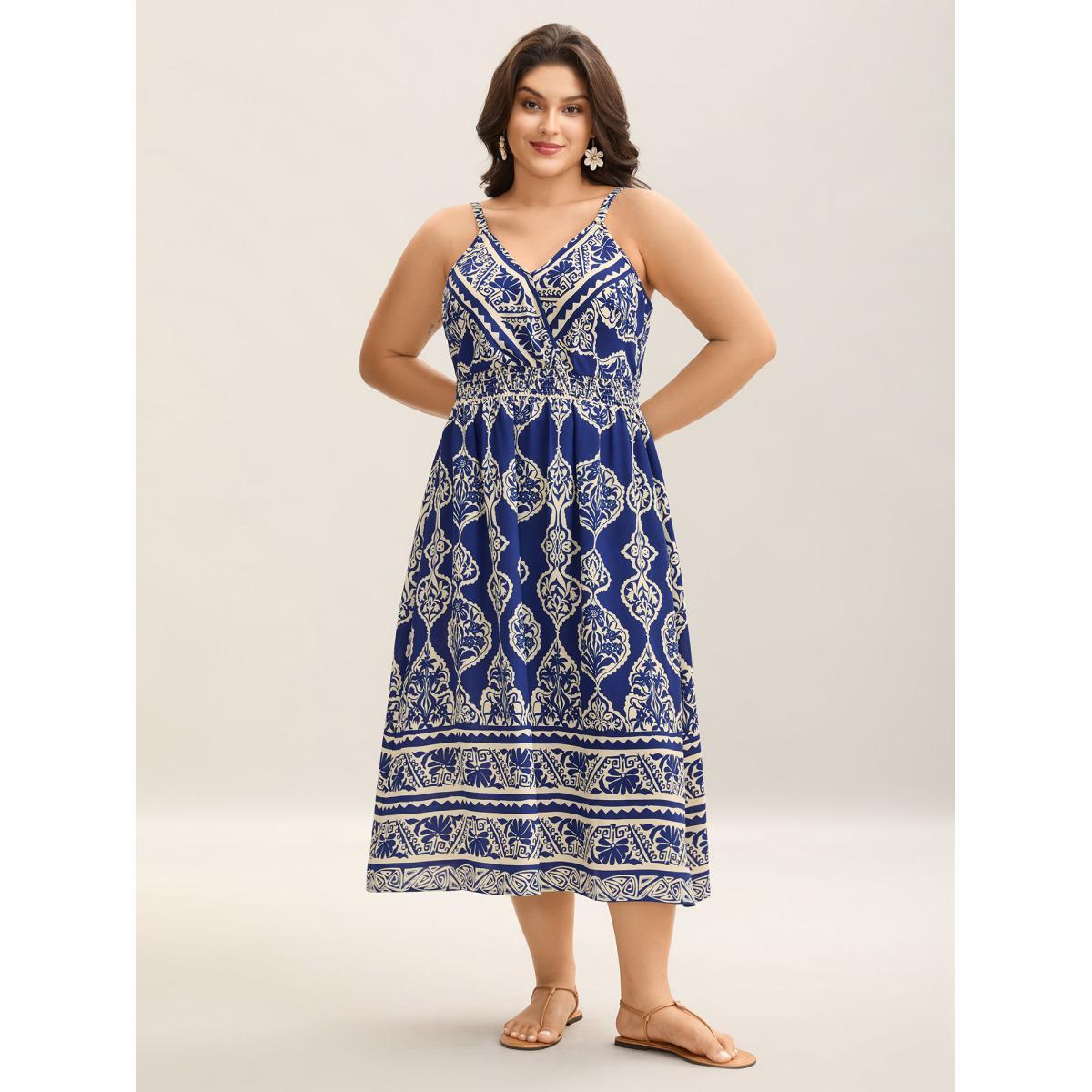 Plus Size Boho Print Shirred Pockets Midi Dress DarkBlue Women V-neck Sleeveless Curvy BloomChic 14-16/1X Product Image