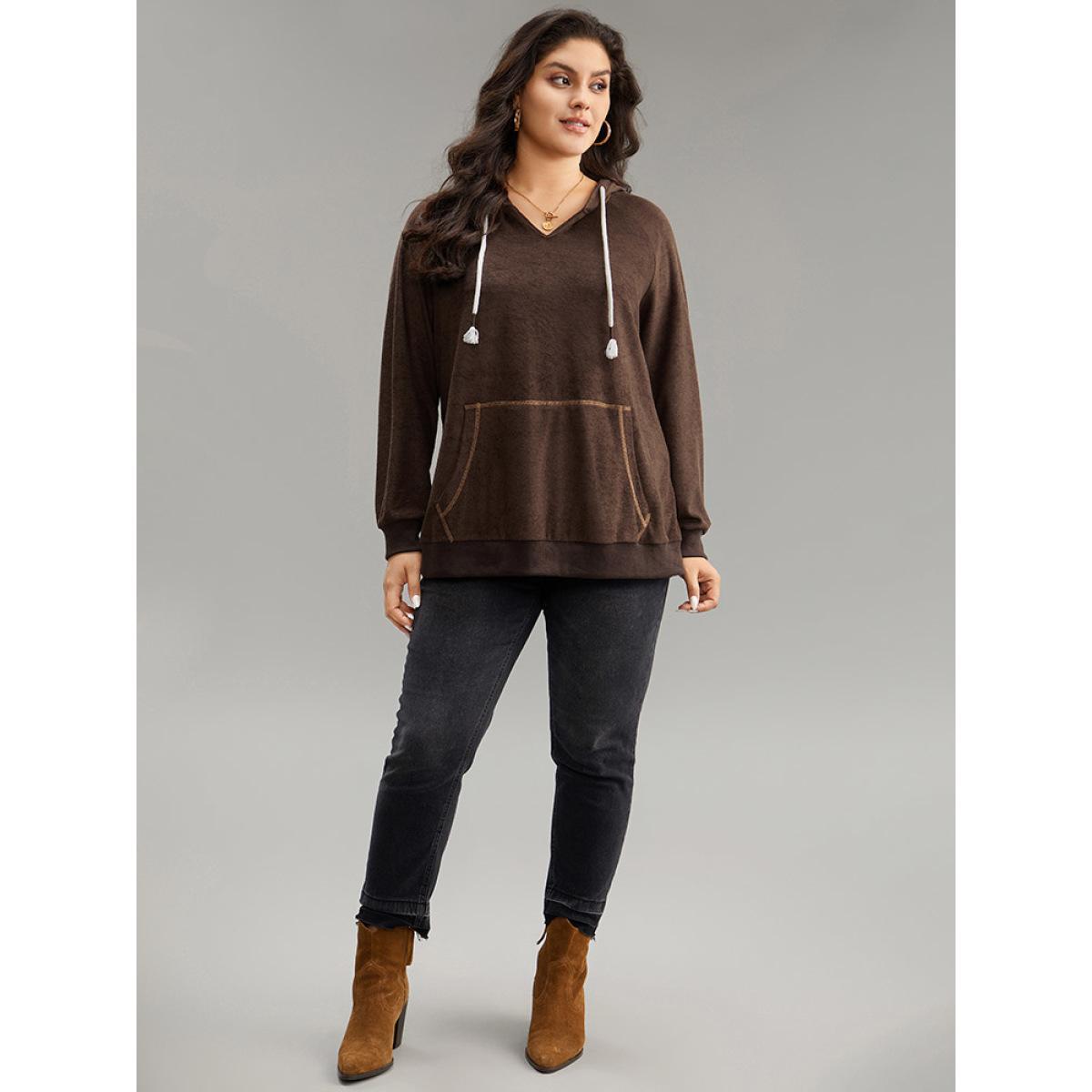 Plus Size Stitch Tassels Drawstring Hooded Sweatshirt Women DarkBrown Casual Elastic cuffs Hooded Dailywear Sweatshirts BloomChic 30/6X Product Image