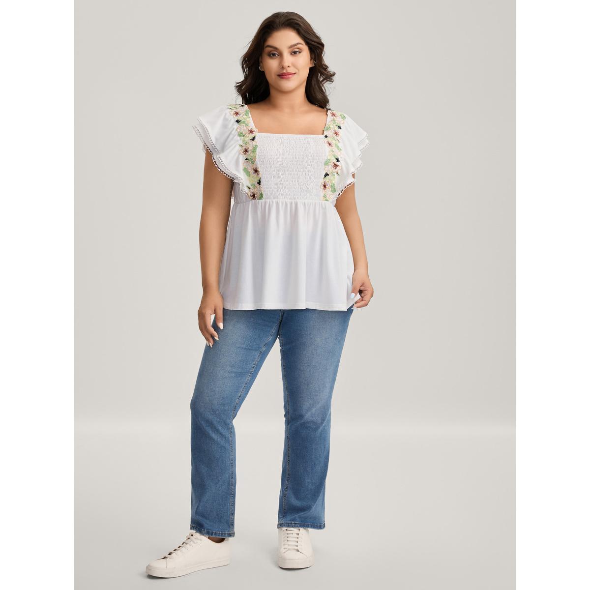 Plus Size Floral Lace Stretchy Shirred Tank Top Women WhiteSmoke Woven ribbon&lace trim Square Neck Everyday-Casual Tank Tops Camis BloomChic 10/M Product Image