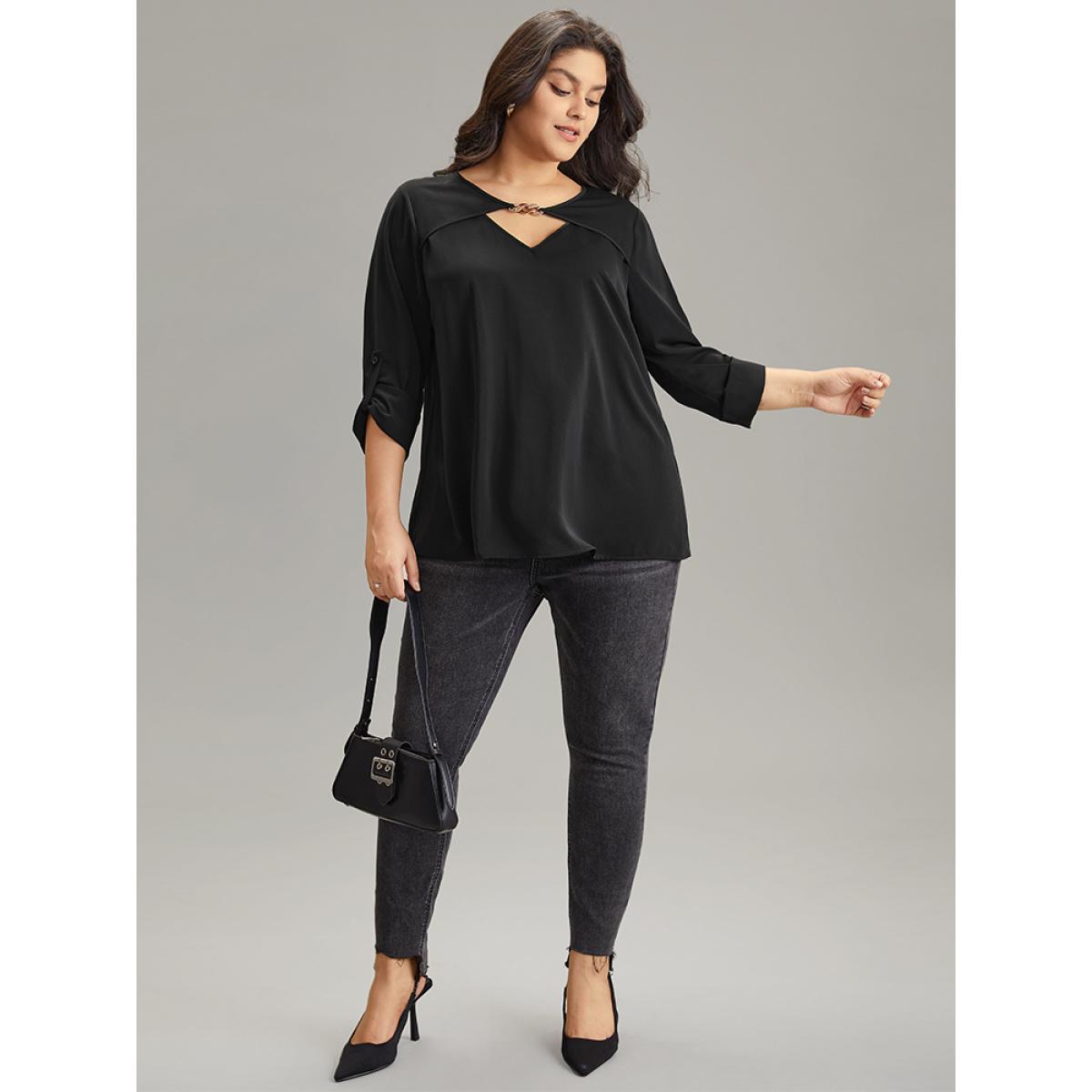 Plus Size Black Static-Free Plain Keyhole Chain Detail Blouse Women Office Long Sleeve Keyhole Cut-Out Work Blouses BloomChic 30/6X Product Image