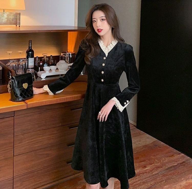 Long-Sleeve V-Neck Plain Lace Trim A-Line Dress Product Image