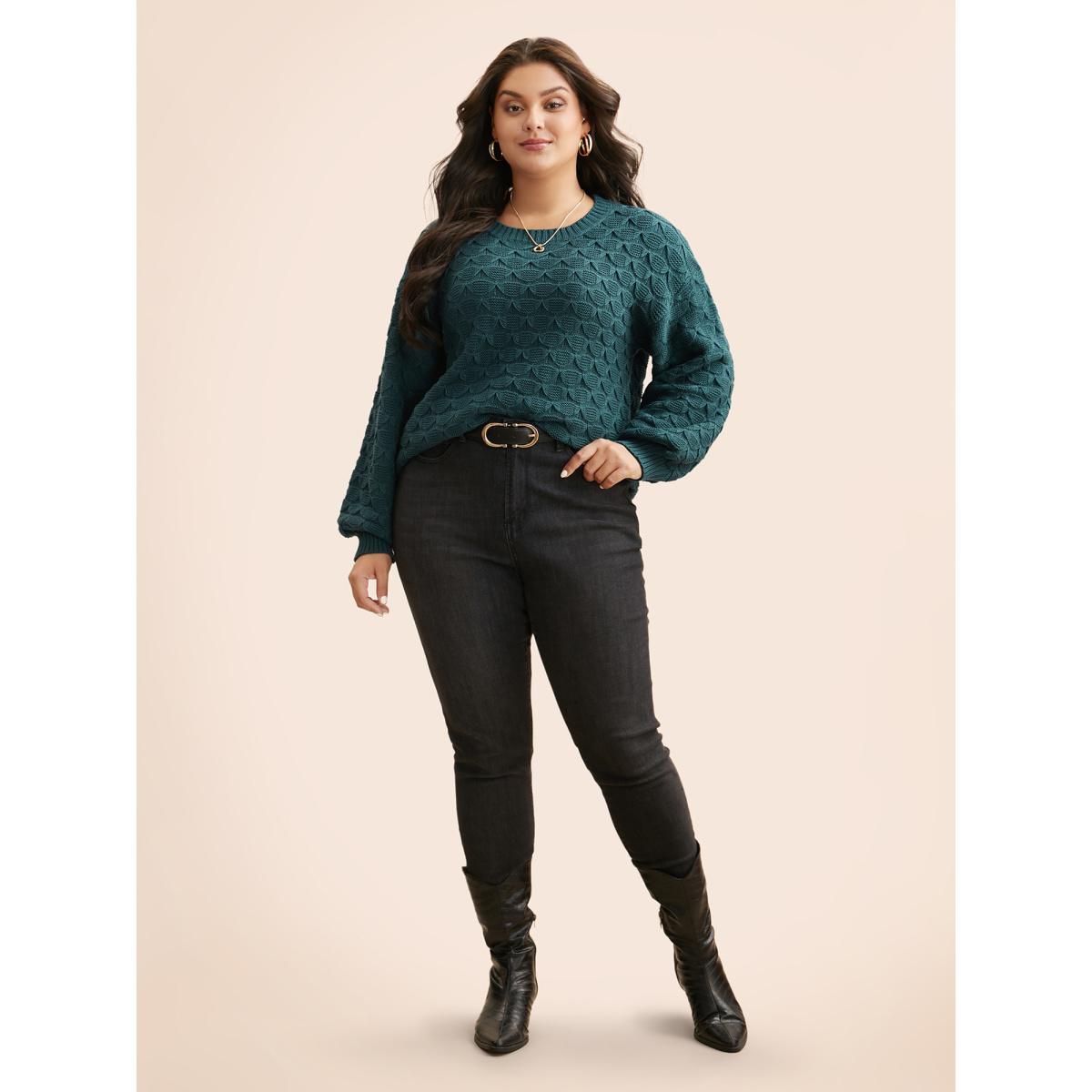 Plus Size Fish Scale Texture Drop Shoulder Pullover Cyan Women Casual Loose Long Sleeve Round Neck Everyday Pullovers BloomChic 28/5X Product Image