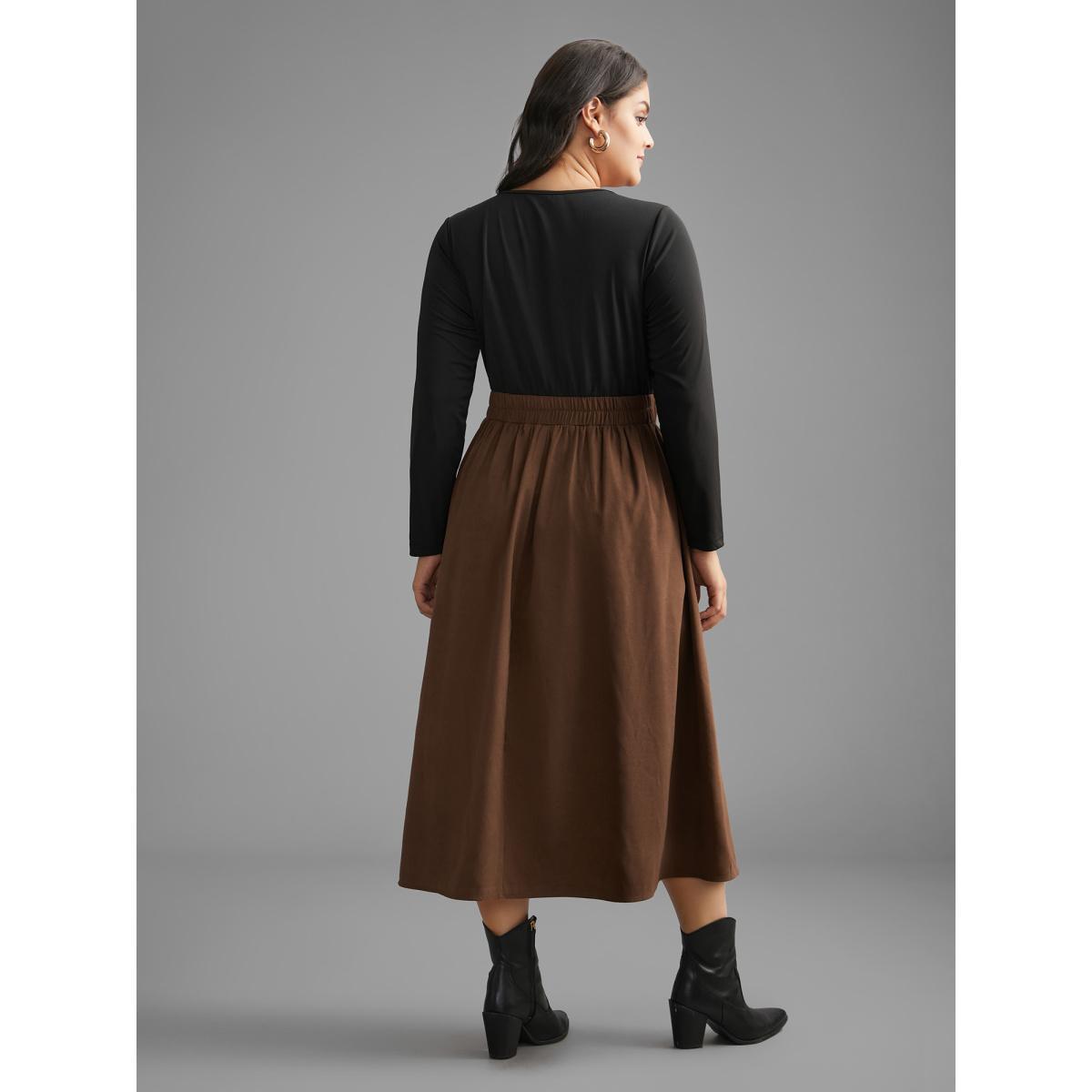 Plus Size Crew Neck Contrast Shirred Pleated Dress Browncoffeecolor Women Casual Contrast Round Neck Long Sleeve Curvy BloomChic 14-16/1X Product Image
