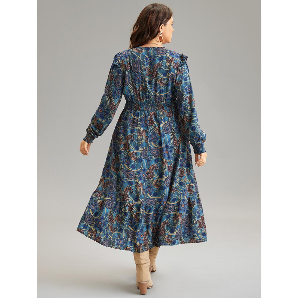 Plus Size Bandana Print Shirred Pocket Frill Trim Dress Aegean Women Vacation Wrap Overlap Collar Long Sleeve Curvy Midi Dress BloomChic 12/L Product Image