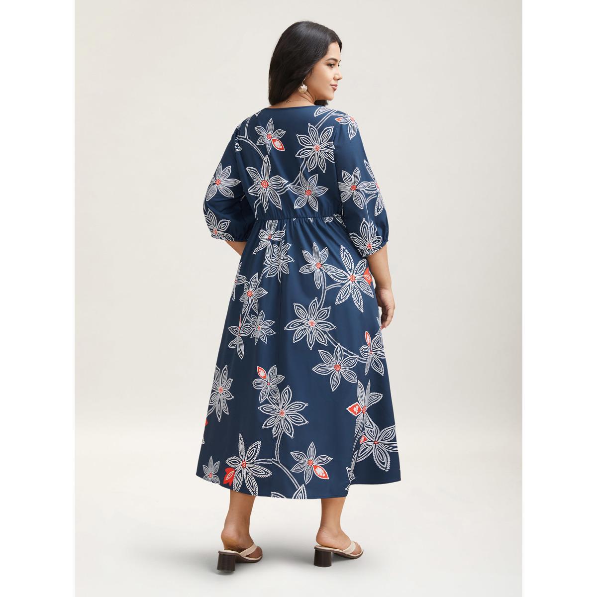 Plus Size Boho Floral Arc Neck Waist-Cinched Dress DarkBlue Women Resort Gathered V-neck Elbow-length sleeve Curvy BloomChic 12/L Product Image