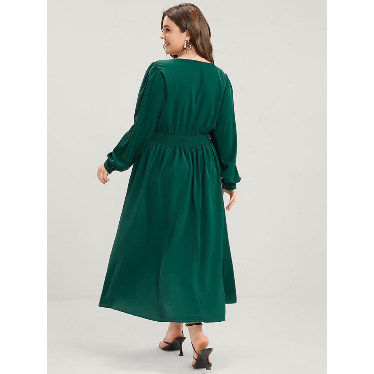 Plus Size Solid Pocket Shirred Tie V Neck Ruffle Hem Dress DarkGreen Women Elegant Cross straps V-neck Long Sleeve Curvy Midi Dress BloomChic 14-16/1X Product Image