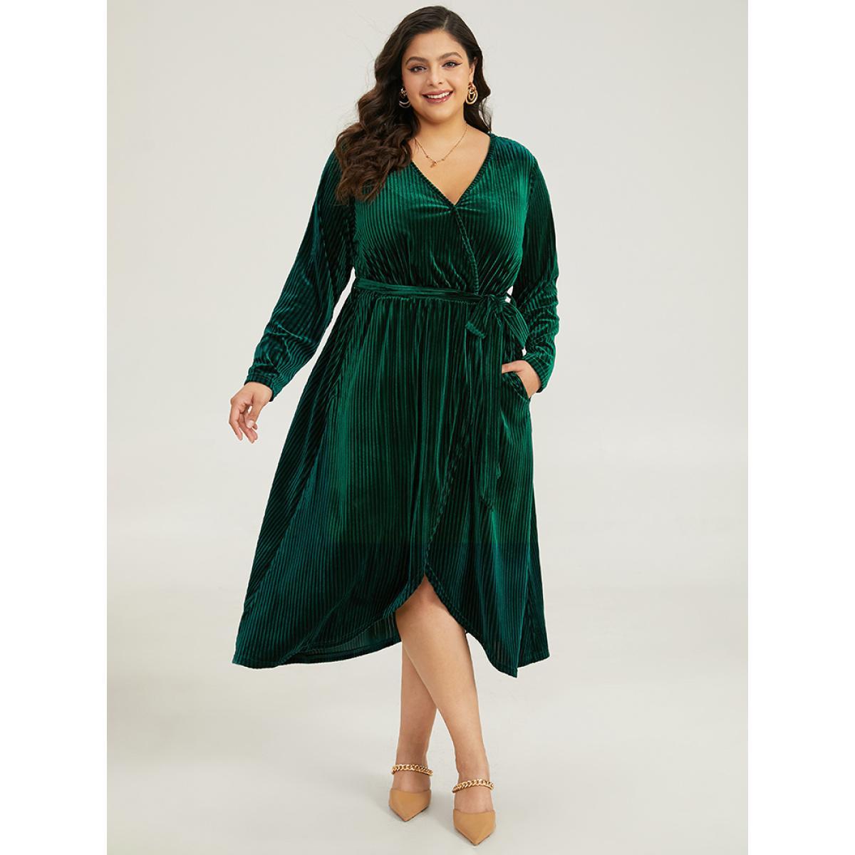 Plus Size Velvet Rib Knit Wrap Hem Pocket Belted Dress DarkGreen Women Elegant Wrap V-neck Long Sleeve Curvy Midi Dress BloomChic 10/M Product Image