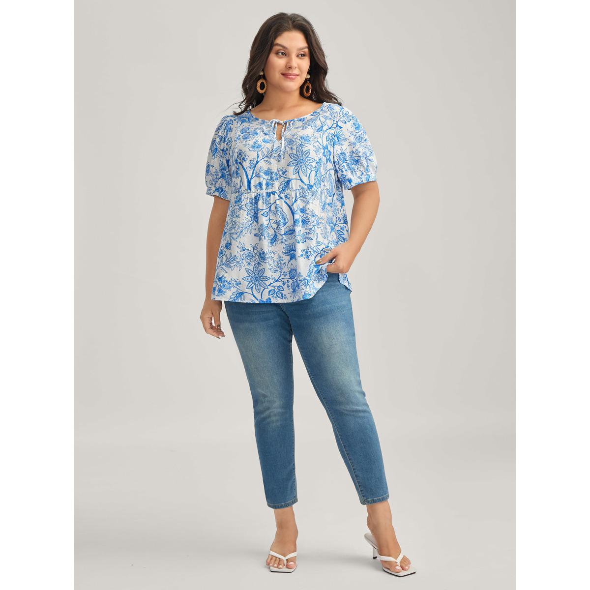 Plus Size Skyblue Silhouette Flower Print Neck Tie Blouse Women Short sleeve Notched collar Vacation Blouses BloomChic 10/M Product Image