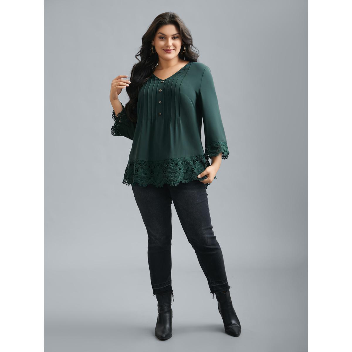 Plus Size DarkGreen V Neck Plicated Detail Contrast Lace Blouse Women Casual Elbow-length sleeve V-neck Everyday Blouses BloomChic 12/L Product Image