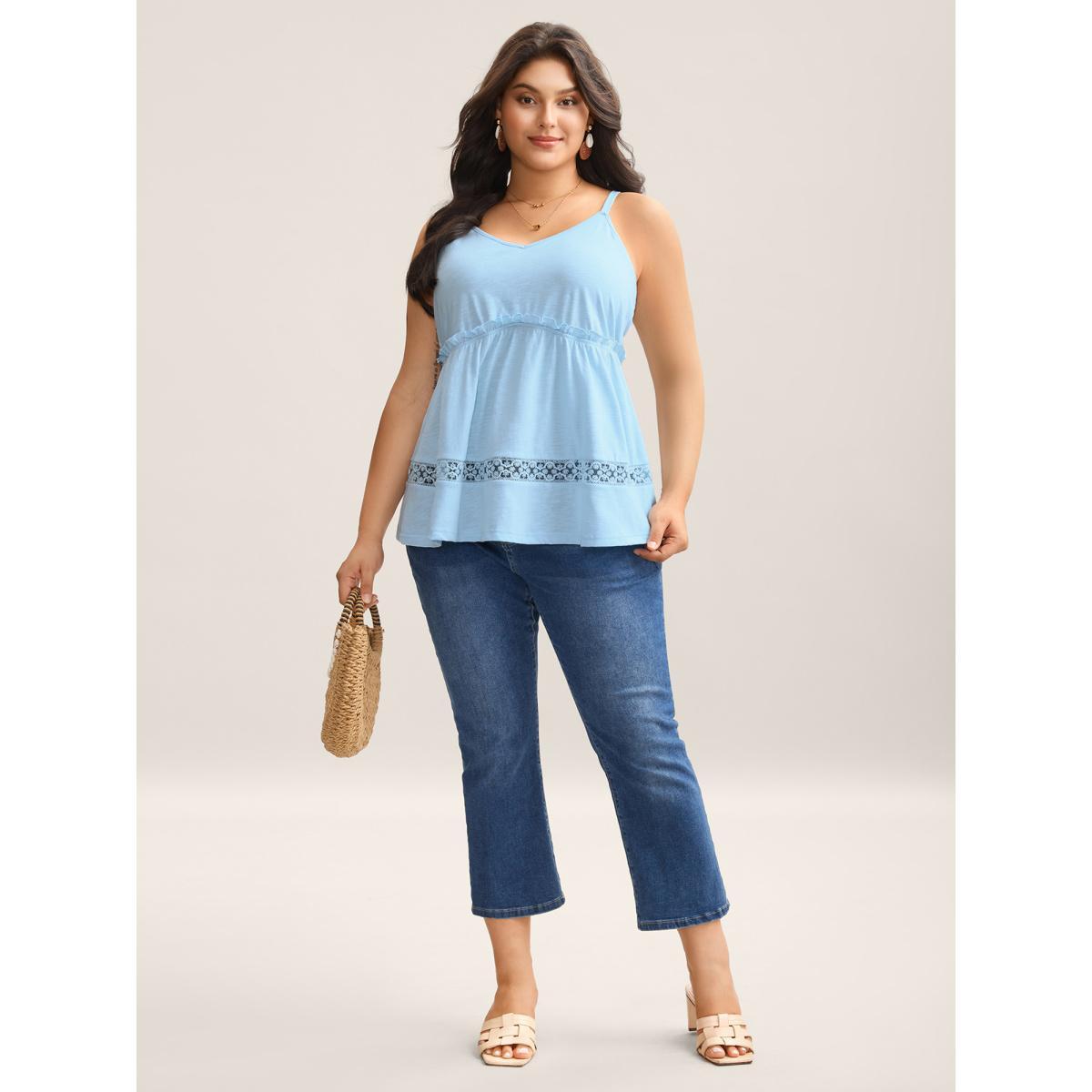 Plus Size Lace Trim Pleated Plain Tank Top Women LightBlue Woven ribbon&lace trim Non Vacation Tank Tops Camis BloomChic 18-20/2X Product Image