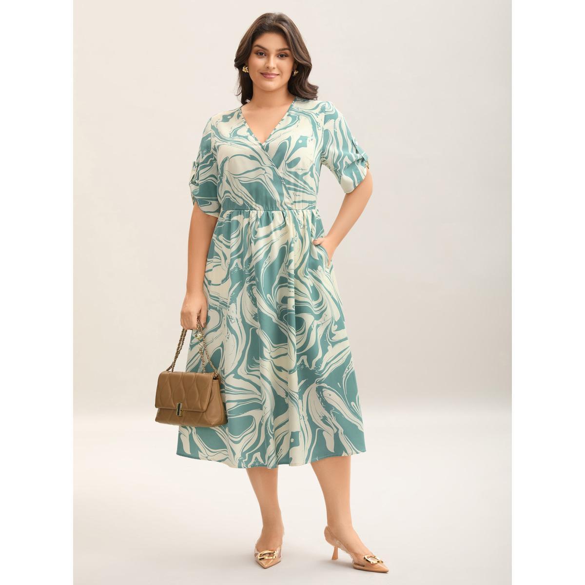 Plus Size Abstract Print Gathered Sleeve Midi Dress Mint Women Overlap Collar Short sleeve Curvy BloomChic 22-24/3X Product Image