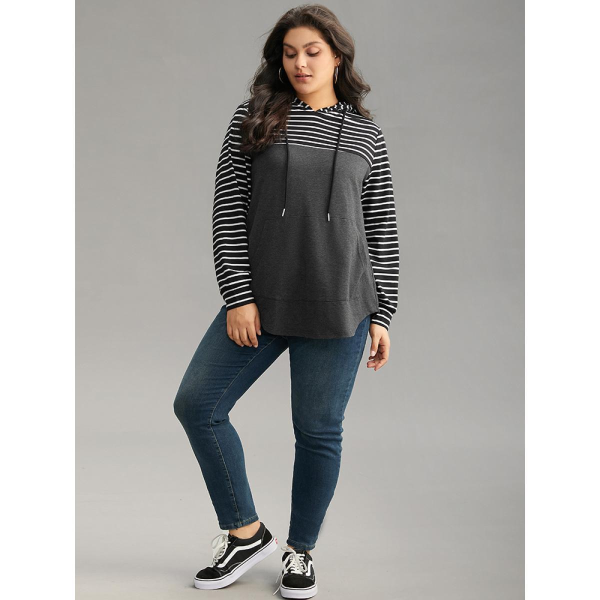 Plus Size Striped Patchwork Hooded Pocket Drawstring Sweatshirt Women DimGray Casual Contrast Hooded Everyday Sweatshirts BloomChic 10/M Product Image