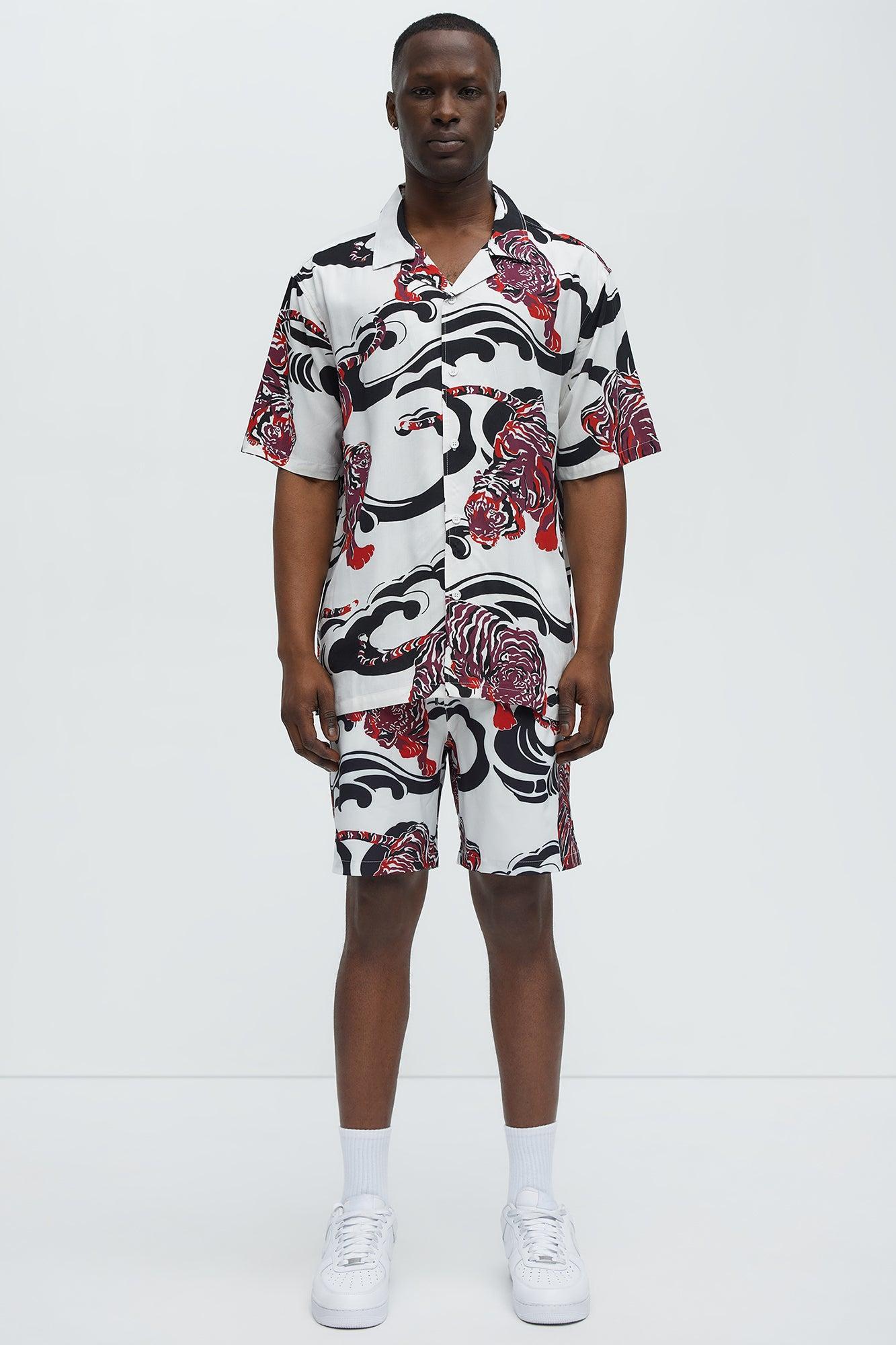 Tiger Waves Cuban Collar Button Up Shirt - White/combo Product Image