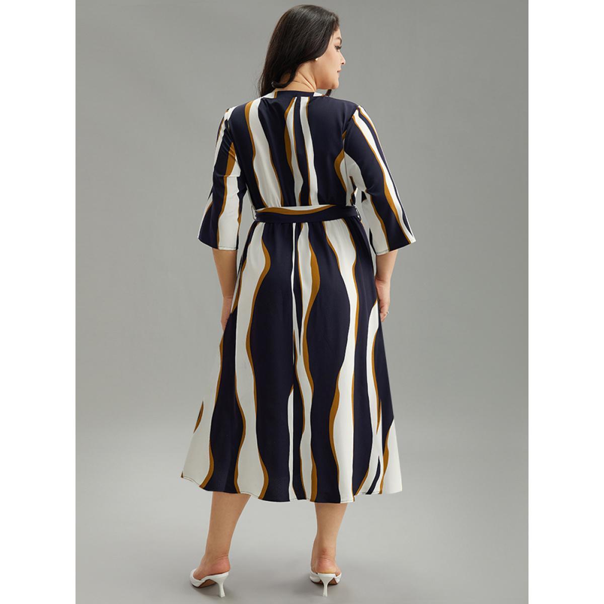 Plus Size Water Ripple Belted Overlap Collar Pocket Dress Indigo Women Office Wrap Overlap Collar Elbow-length sleeve Curvy Midi Dress BloomChic 14-16/1X Product Image