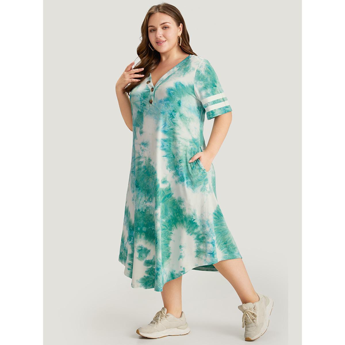 Plus Size Tie Dye & Striped Button Detail Pocket Arc Hem Dress Emerald Women Casual Printed V-neck Short sleeve Curvy Midi Dress BloomChic 10/M Product Image