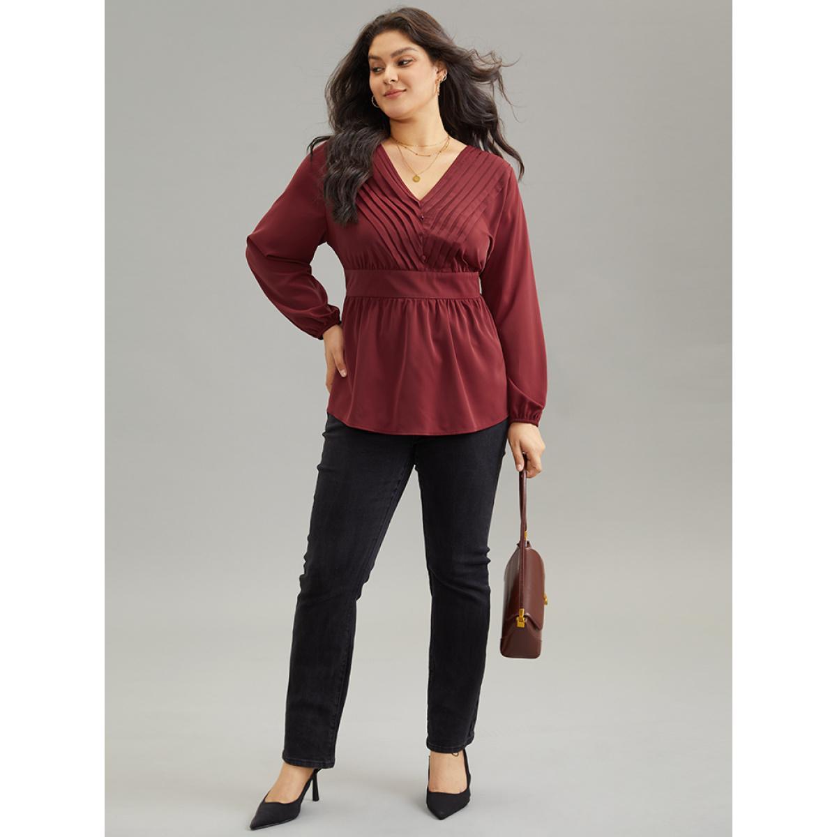 Plus Size Scarlet Static-Free Pleated Button Detail Lantern Sleeve Blouse Women Office Long Sleeve V-neck Work Blouses BloomChic 18-20/2X Product Image
