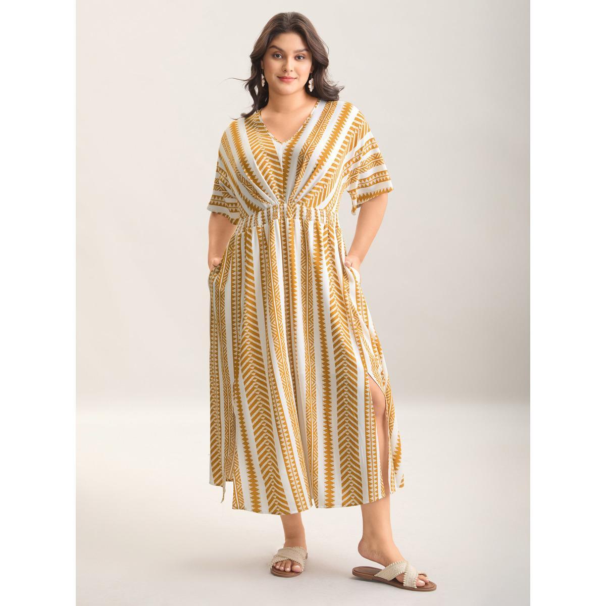 Plus Size Solid Geometric Dolman Sleeve Pocket Shirred Split Hem Dress Turmeric Women Resort Non V-neck Half Sleeve Curvy Long Dress BloomChic 22-24/3X Product Image