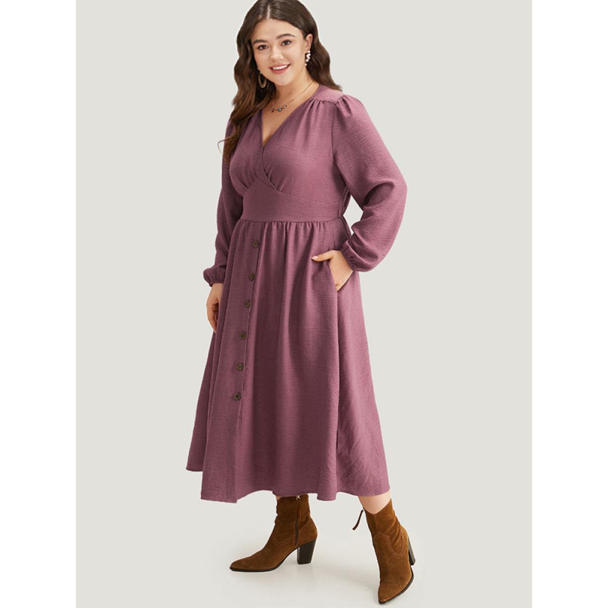 Plus Size Twill Gathered Button Detail Lantern Sleeve Dress DustyPink Women Casual Elastic cuffs V-neck Long Sleeve Curvy Midi Dress BloomChic 12/L Product Image