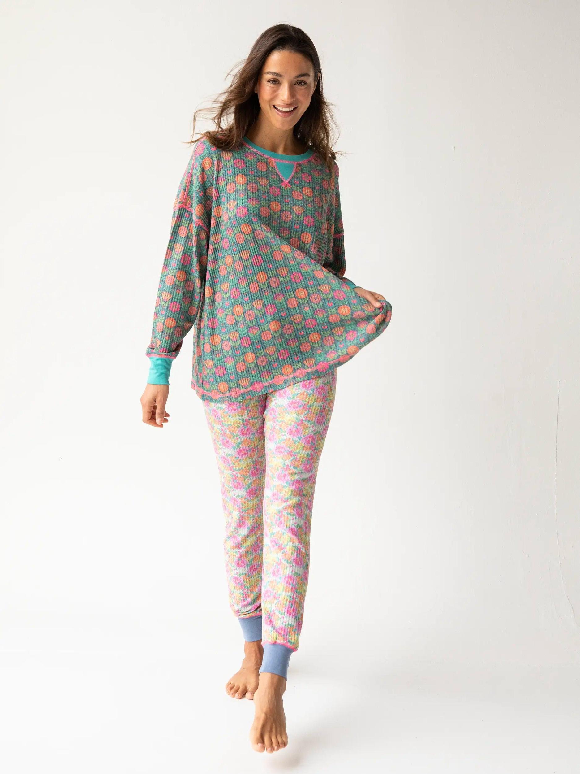 Mix & Match Waffle Pajama Top - Teal Mod Floral Product Image
