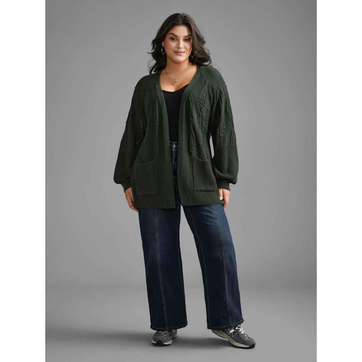 Plus Size Textured Lantern Sleeve Split Hem Cardigan DarkGreen Women Casual Loose Long Sleeve Everyday Cardigans BloomChic 18-20/2X Product Image