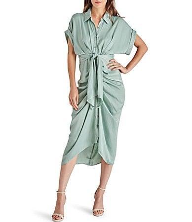 Steve Madden Tori Satin Point Collar Short Kimono Cuff Sleeve Belted Ruched Front Asymmetrical Hem Midi Shirt Dress Product Image