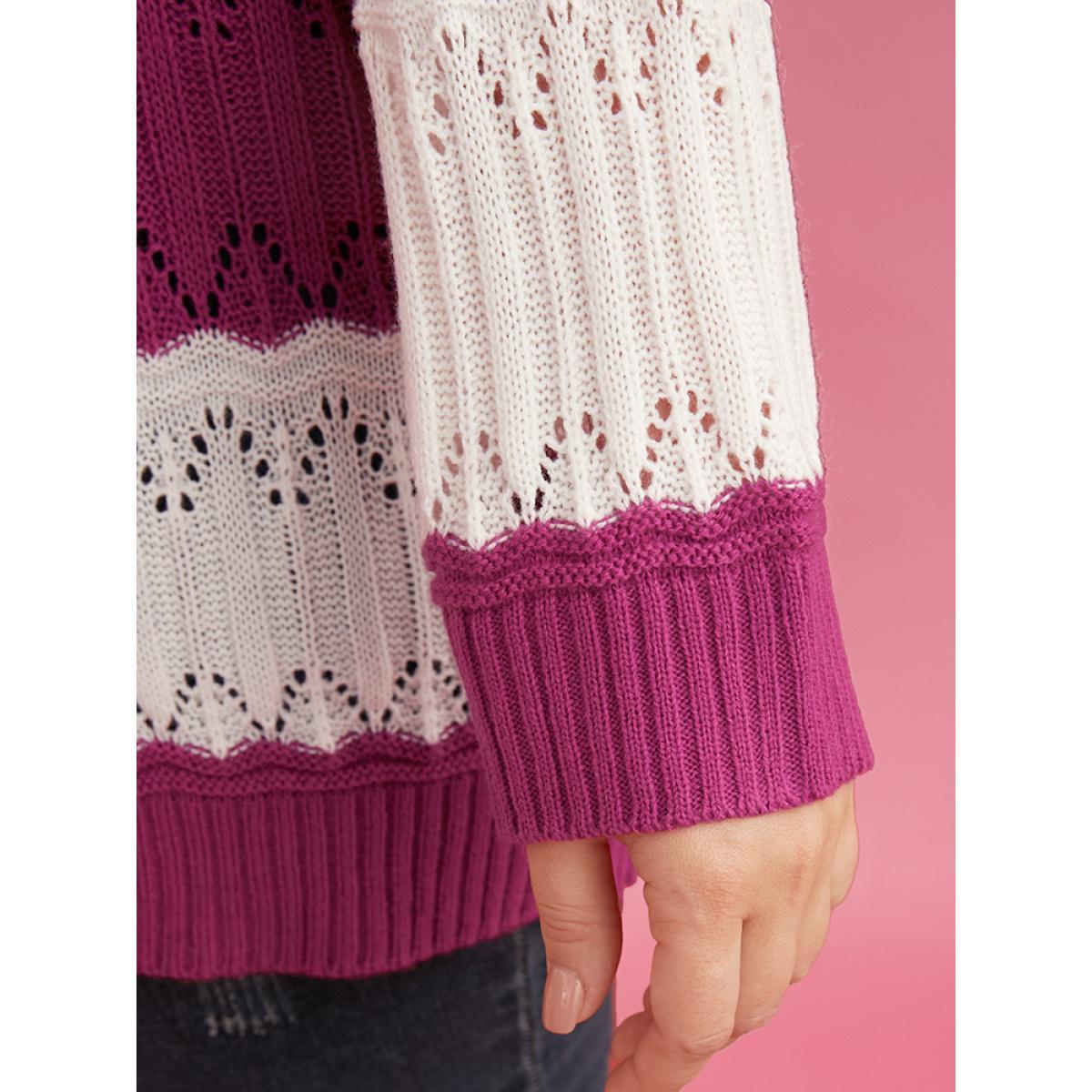 Plus Size Colorblock Contrast Pointelle Knit Cut Out V Neck Knit Top Multicolor Women Casual Loose Long Sleeve V-neck Dailywear Pullovers BloomChic 28/5X Product Image