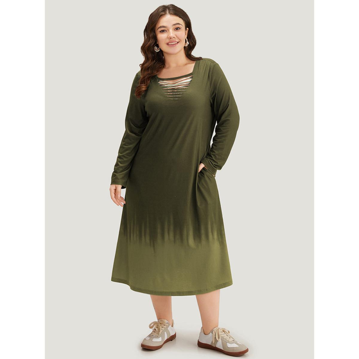 Plus Size Tie Dye Pocket Round Neck Cut Out Dress ArmyGreen Women Casual Tie Dye Round Neck Long Sleeve Curvy Midi Dress BloomChic 30/6X Product Image