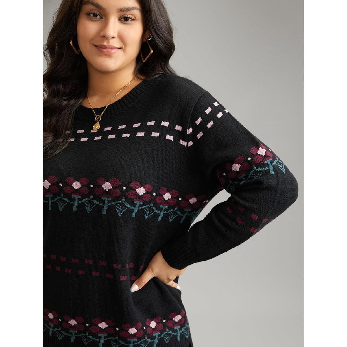 Plus Size Supersoft Essentials Floral Jacquard Split Side Pullover Black Women Casual Loose Long Sleeve Round Neck Dailywear Pullovers BloomChic 10/M Product Image