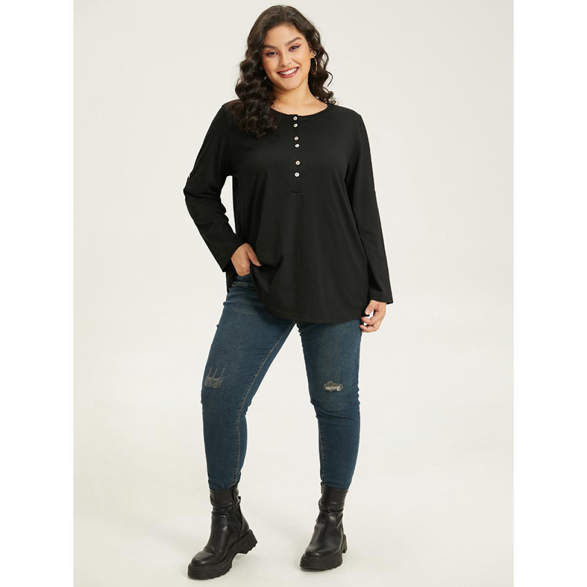 Plus Size Plain Button Up Tab Sleeve T-shirt Black Women Casual Plain Plain Round Neck Dailywear T-shirts BloomChic 30/6X Product Image