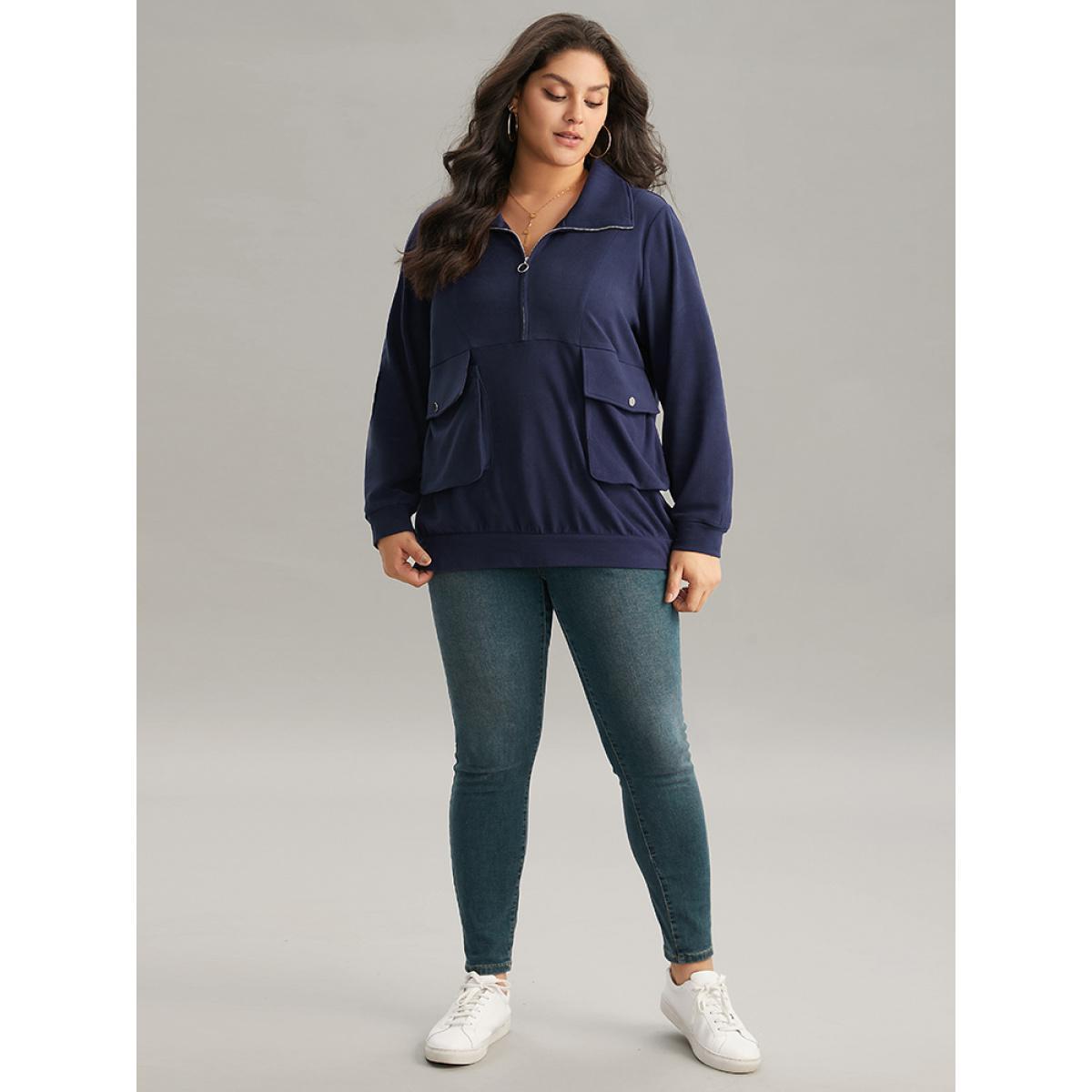 Plus Size Solid Flap Pocket Half Zip Sweatshirt Women Blue Casual Plain Lapel Collar Dailywear Sweatshirts BloomChic 30/6X Product Image