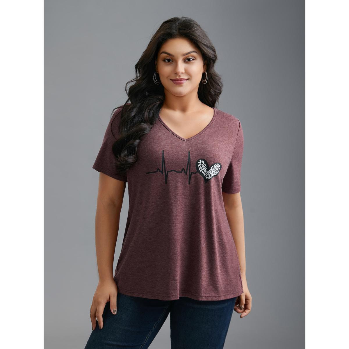 Plus Size V Neck Heart Print T-Shirt Russet Women Casual Non Art&design Round Neck Everyday T-shirts BloomChic 14-16/1X Product Image