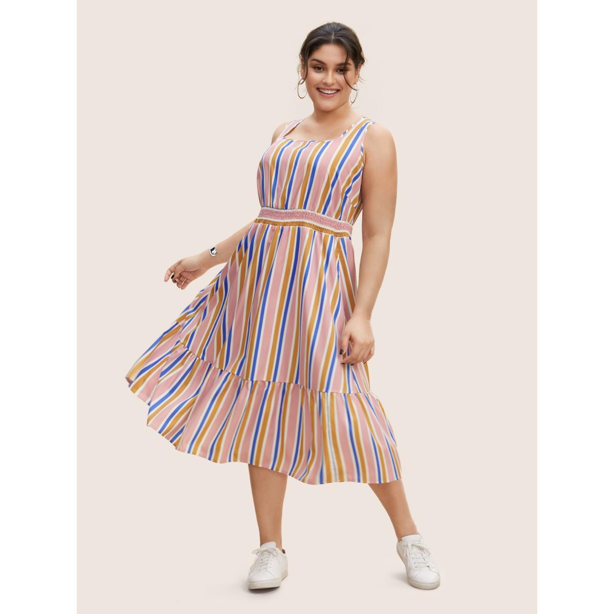 Plus Size Contrast Striped Shirred Ruffle Hem Midi Dress Multicolor Women Casual Shirred Square Neck Sleeveless Curvy BloomChic 22-24/3X Product Image