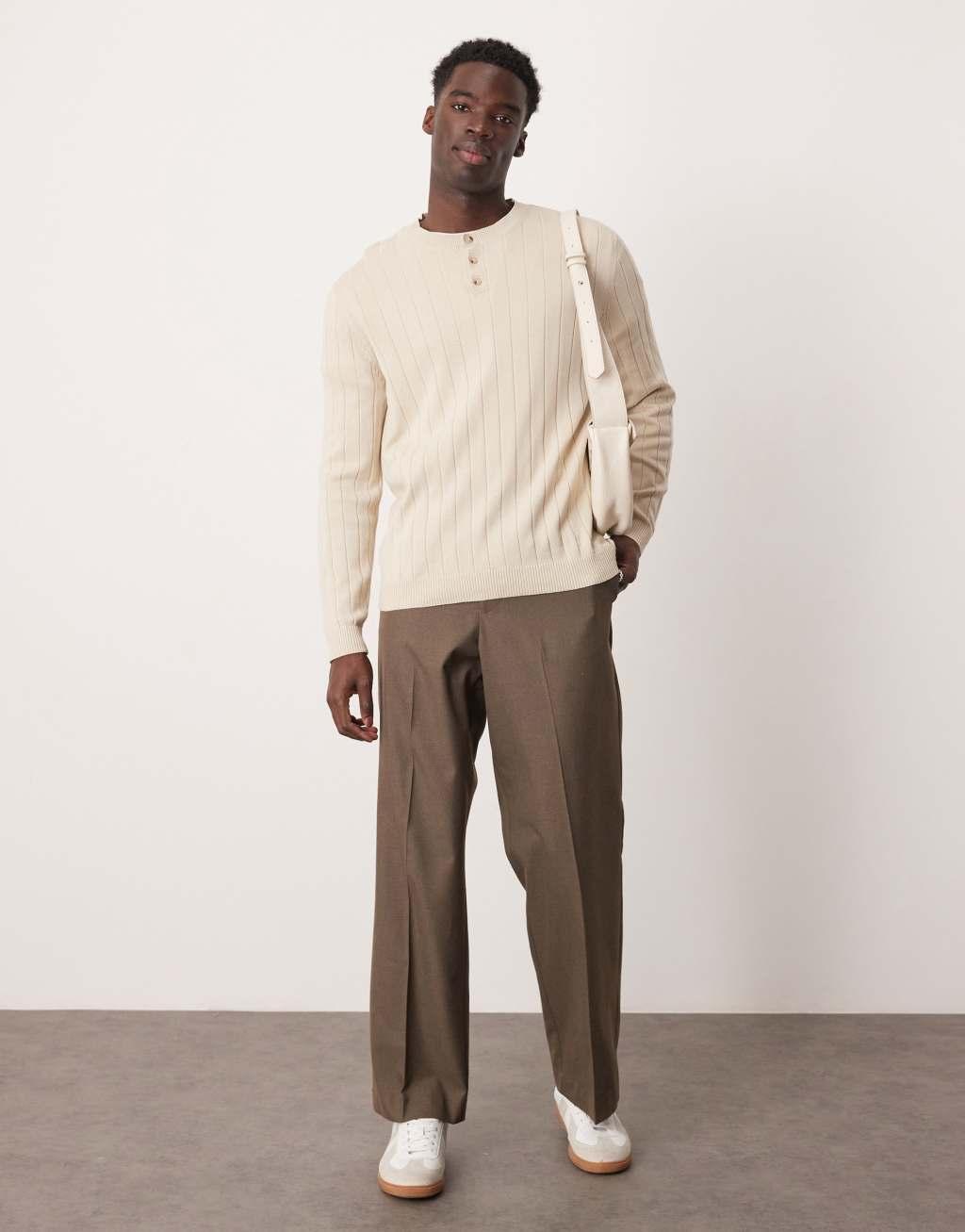 ASOS DESIGN relaxed knitted wide rib grandad neck sweater in oatmeal Product Image