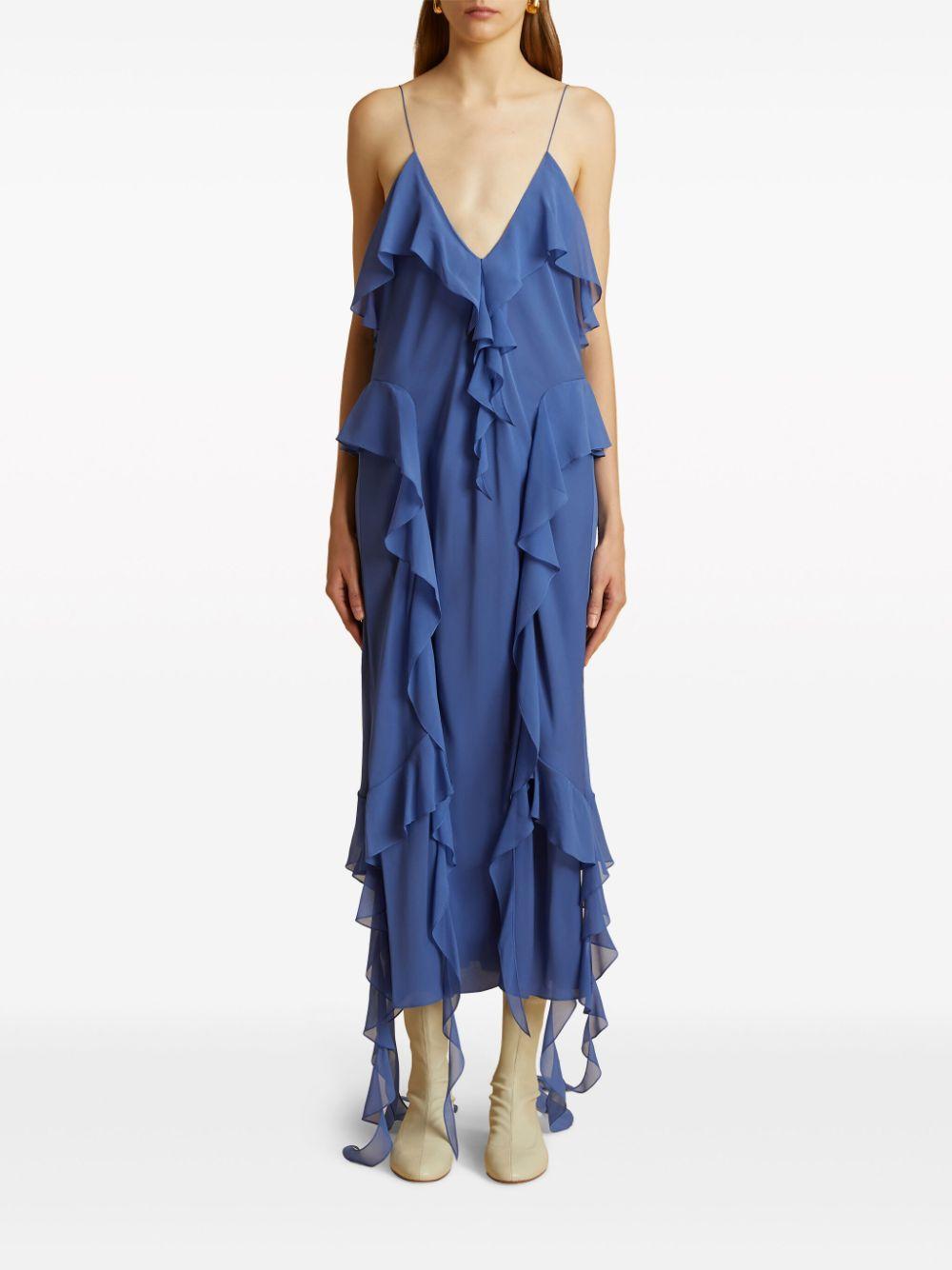 KHAITE Pim Cascading-ruffles Sleeveless Maxi Dress In Blue Iris Product Image