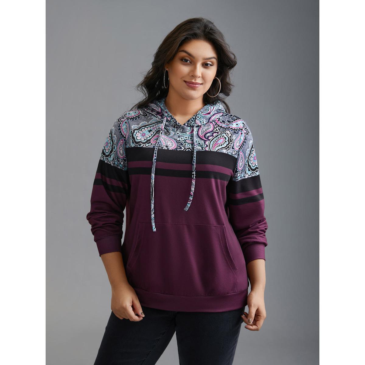 Plus Size Bandana Print Stretchy Contrast Hoodie Women Multicolor Casual Contrast Hooded Everyday Sweatshirts BloomChic 14-16/1X Product Image